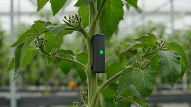 ​AI generated close-up of a smart sensor device attached to a plant in a futuristic greenhouse.