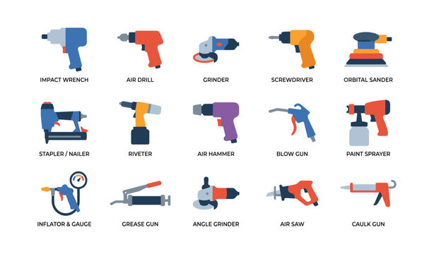 Set of pneumatic and power tools icons arranged on white background