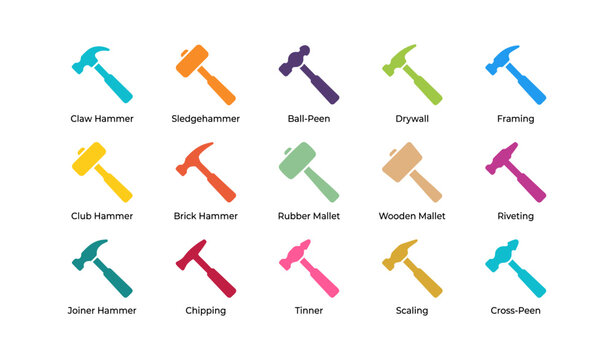 Hammer icons showing different types and tools on white background