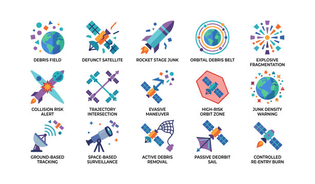 Space debris and satellite hazard icons arranged on white background