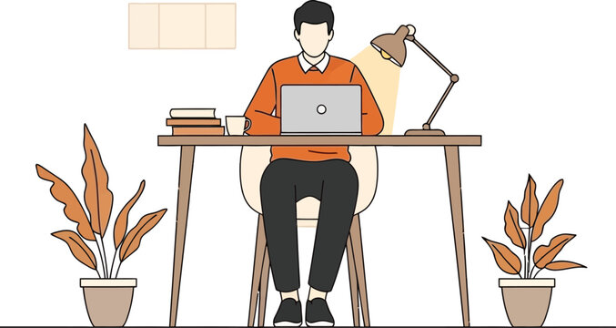 Person working on a laptop at a desk with plants and lamp home office remote work person at computer freelance computer technology education business interior illustration concentration