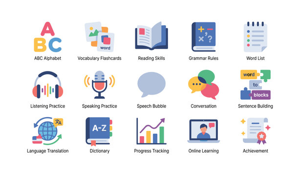 Educational icons depicting language learning on white background