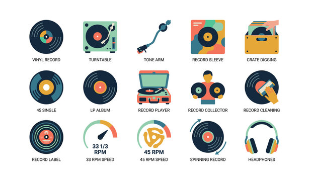 Vinyl record icons showing players, accessories and labels