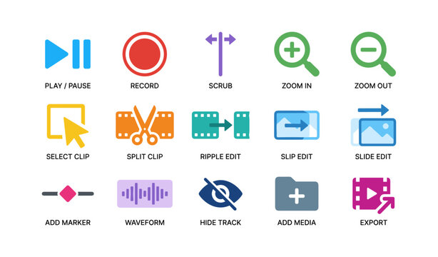 Video editing and playback icons displayed on white background