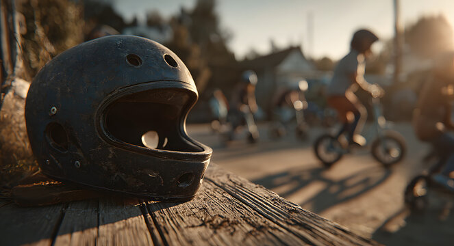 A black helmet is resting on a bench while children are riding scooters nearby. The idea of school activities and spending time with children.
