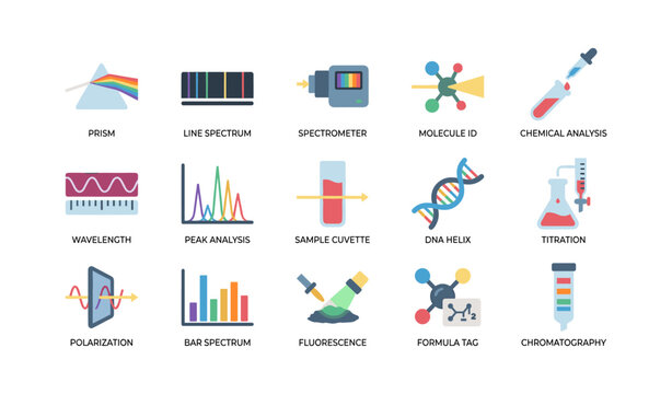 Optics and spectroscopy icons arranged in grid on white background