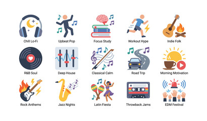 Fototapeta premium Music icons showing playlists genres and listening activities in grid