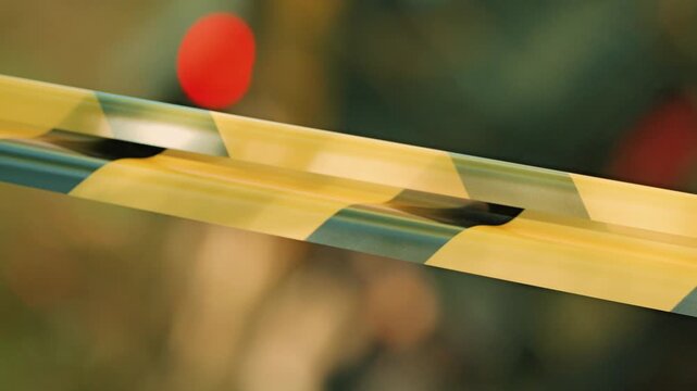 A close-up of yellow and black striped caution tape creating a diagonal barrier. The shallow depth of field creates a soft bokeh effect. Concept of restriction, warning, and quarantine