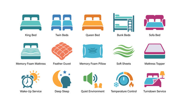 Bed type and sleep amenity icons arranged on white background