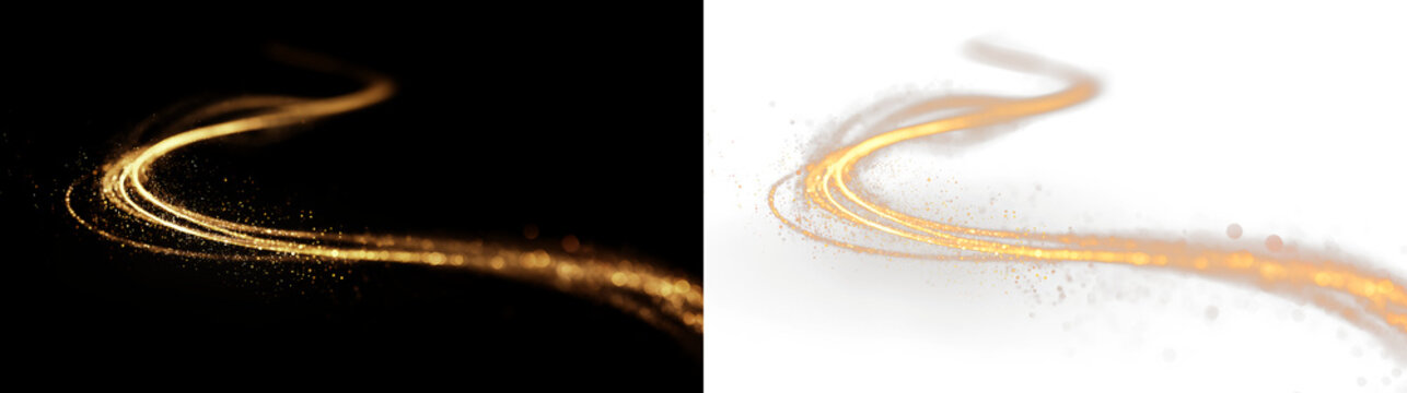 Swirling golden light on a black and white background showing contrast in a seamless flow, light overlay, PNG
