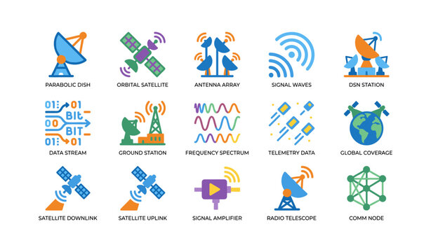 Satellite and communication icon grid showing signal concepts on white