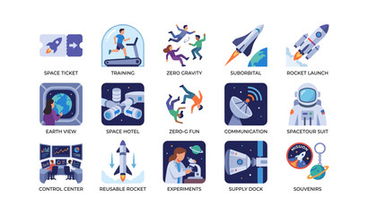 Fototapeta premium Set of space tourism and mission icons on white background