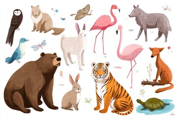 Fototapeta premium Colorful animal illustrations on white background