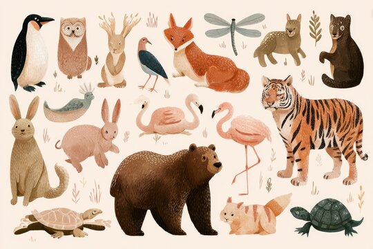Cute animal illustrations, various species, pastel colors, flat design