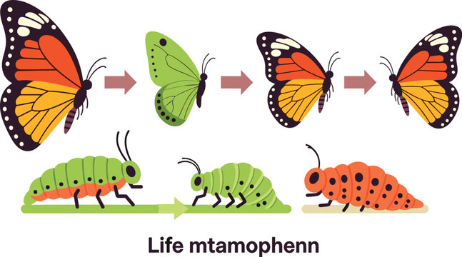 Butterfly Life Cycle Metamorphosis Illustration Vector Set Featuring Caterpillar Chrysalis Transformation Stages Educational Insect Development Diagram Collection