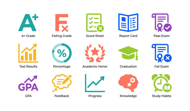 Education icons showing grades and study symbols on white background