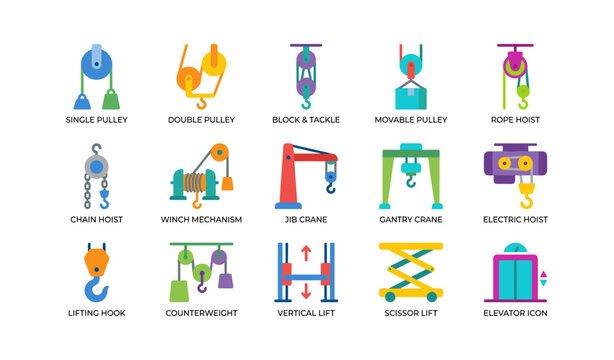 Pulley and hoist mechanisms arranged in icon grid layout