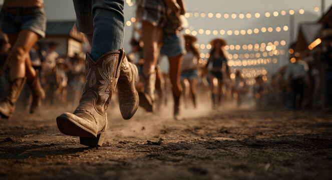 At an outdoor western culture and entertainment event, a group of women dressed in cowboy boots are line dancing at a country music festival.
