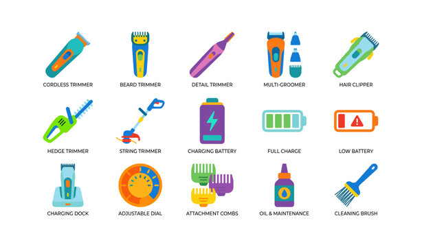 Hair trimmer and grooming icons showing devices and accessories
