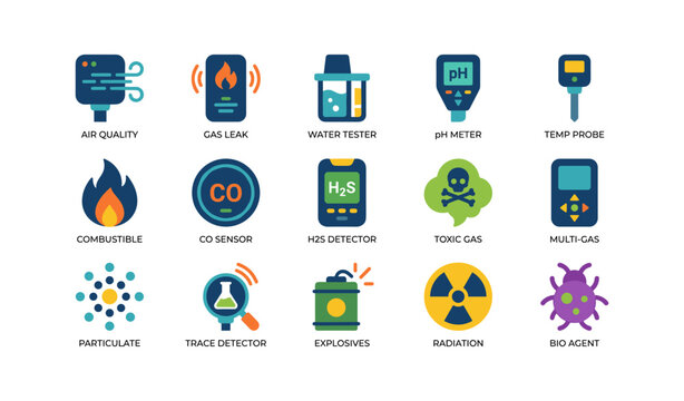 Gas and hazard detectors arranged with labels on white background