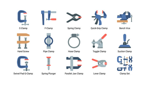 Clamps and vices arranged with labels on white background