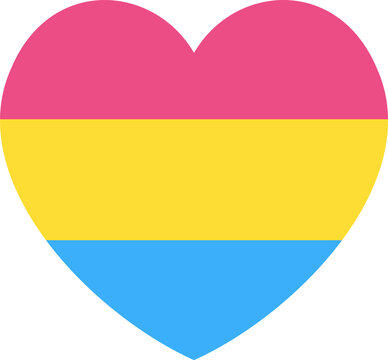 Pansexual flag sticker, button in heart shape. LGBT pride flag heart graphic symbol, banner, icon, background.