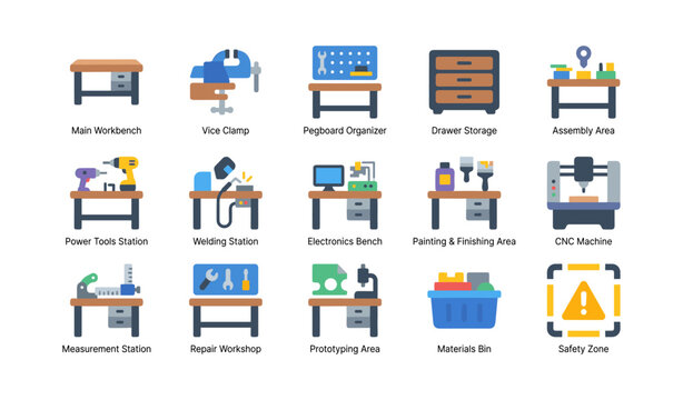 Workshop stations icons showing labeled workbenches and tools