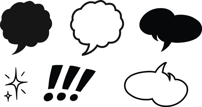 Black and white comic speech bubbles and effects collection for dialogue and expression
