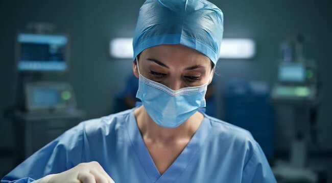 Focused surgeon in blue scrubs
