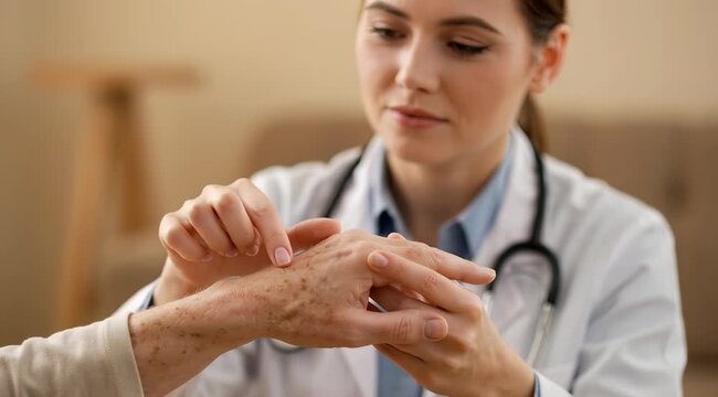 Young doctor examines elderly patient's hand gently
