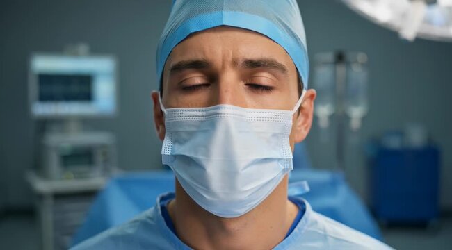 Young surgeon wears mask and cap