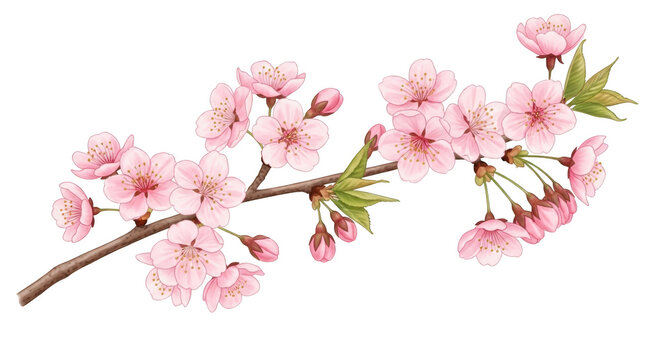 A detailed of a blooming cherry blossom branch with pink flowers, buds, and green leaves, isolated on transparent background
