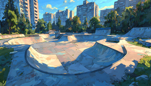 This illustration of an urban skatepark with concrete ramps and bowls is perfect for designs on extreme sports, city life, or as a graphic element.