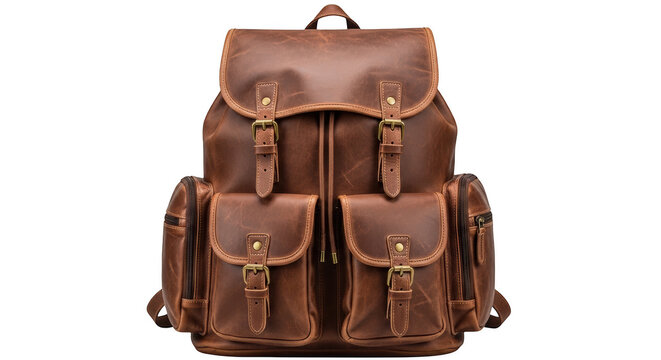Brown distressed leather backpack with buckle straps, two front pockets, and drawstring closure, isolated on transparent background