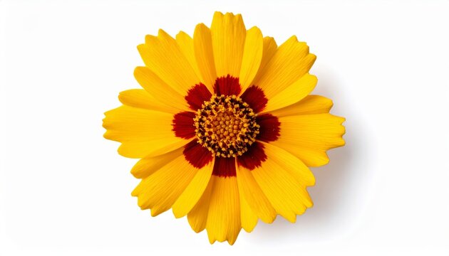 Beautiful blooming Tickseed blossom with a textured orange-brown center centered on white