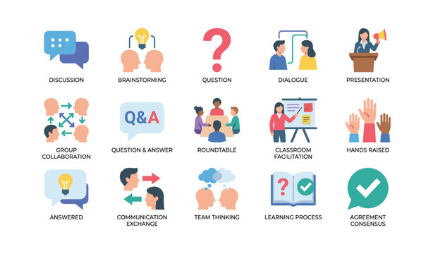 Communication icons showing discussion and collaboration on white