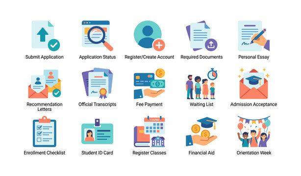College admission and enrollment process icons arranged in grid