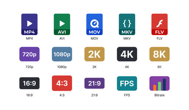 Video format and resolution icons arranged in grid on white background
