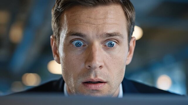 Close-up of a shocked businessman staring at a laptop screen, eyes wide and frozen in disbelief. The moment captures surprise, risk, and a sudden realization in a high-pressure digital setting.
