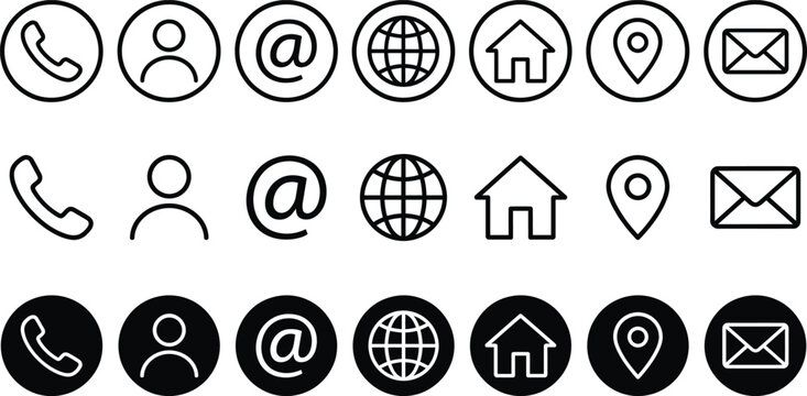 Contact us icon set. Phone, user, mail, home and location elements in minimal outline and solid styles vector illustration. Web and app interface sign for communication and navigation symbol pictogram