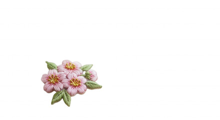 Obraz premium Delicate pink embroidered flowers with green leaves on black background, floral embroidery