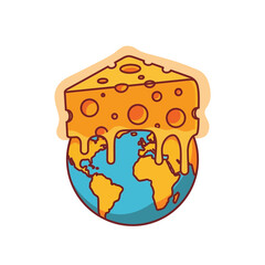 A slice of melting cheese is dripping over the planet Earth, symbolizing a cheesy world. © borneo