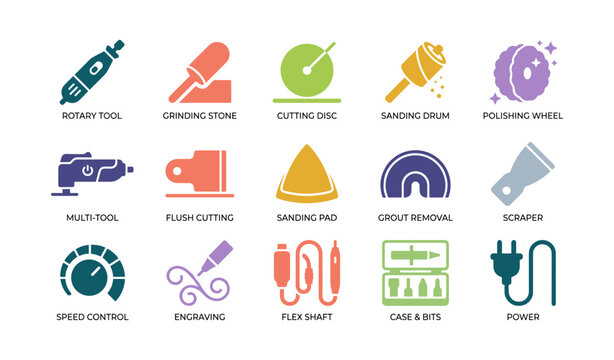 Rotary tool icons showing accessories and cutting attachments