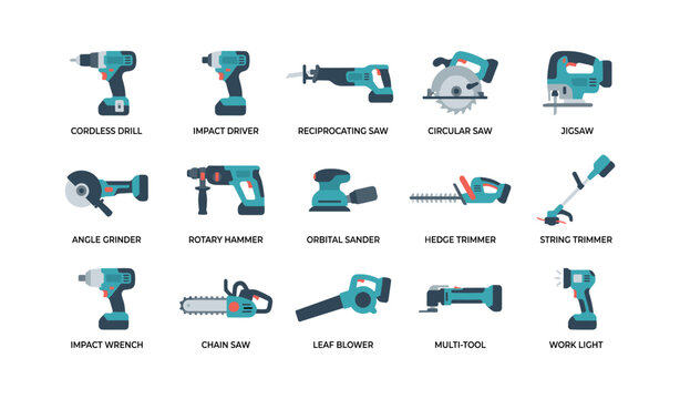 Power tool icons showing various handheld construction tools on white