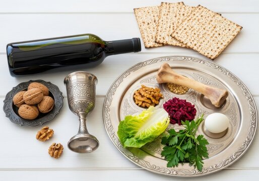 Traditional passover seder plate and wine bottle arrangement