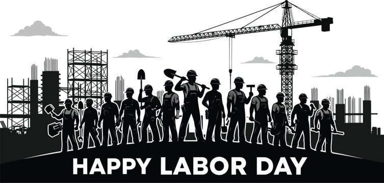Construction workers silhouette with crane and tools