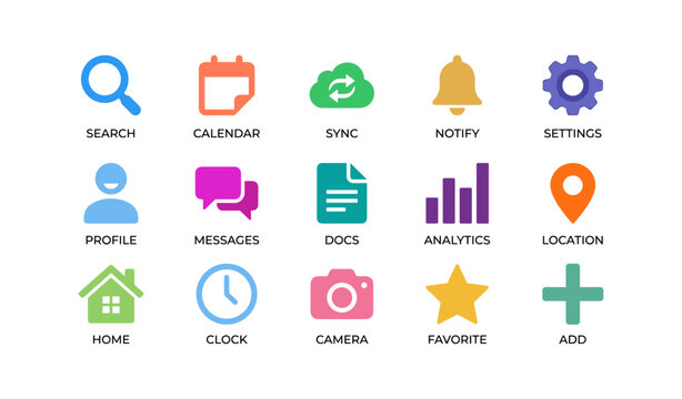 User interface icons set showing common app functions and tools