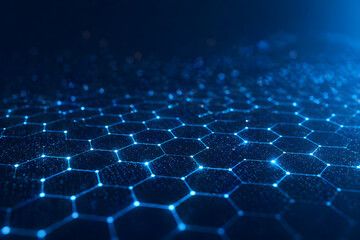 Naklejka premium futuristic hexagonal tech grid pattern with glowing blue lines and dots on dark background high quality professional detailed modern elegant