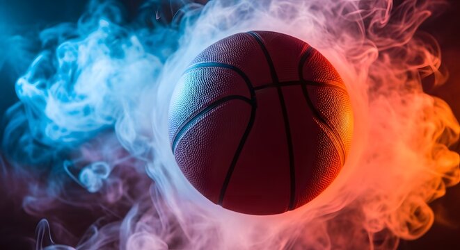 Basketball surrounded by colorful smoke effects for dynamic sports imagery