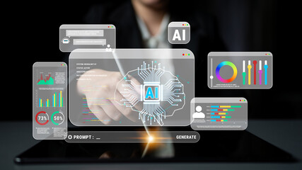 Fototapeta premium Digital Interface with AI Technology and Data Visualization on Tablet in Dark Environment for Futuristic Business Innovation Quark.